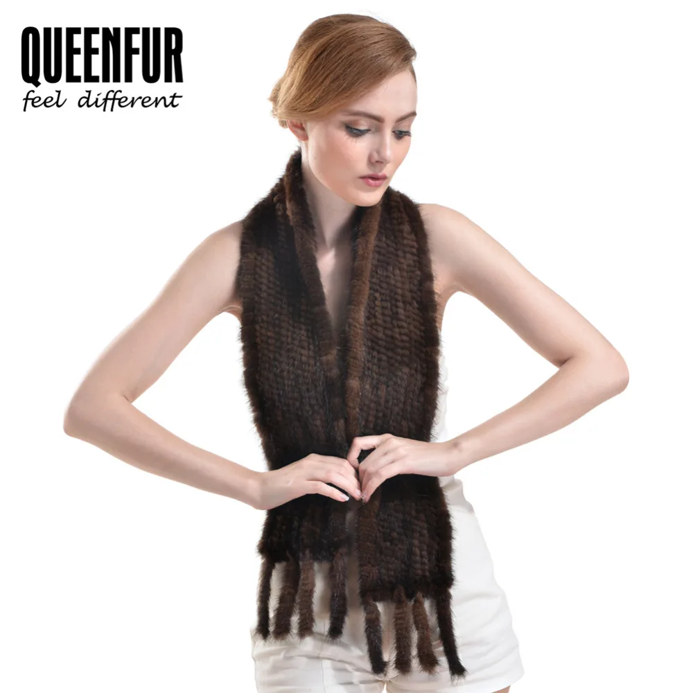QUEENFUR Genuine Knitted Mink Fur Scarves With Tassel 2017 New Quality