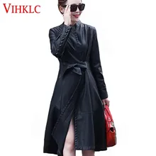 Весна Осень Новая мода длинное пальто тонкий PU Мягкий искусственная кожа Женский Длинный плащ куртка с поясом размера плюс M-5XL H283