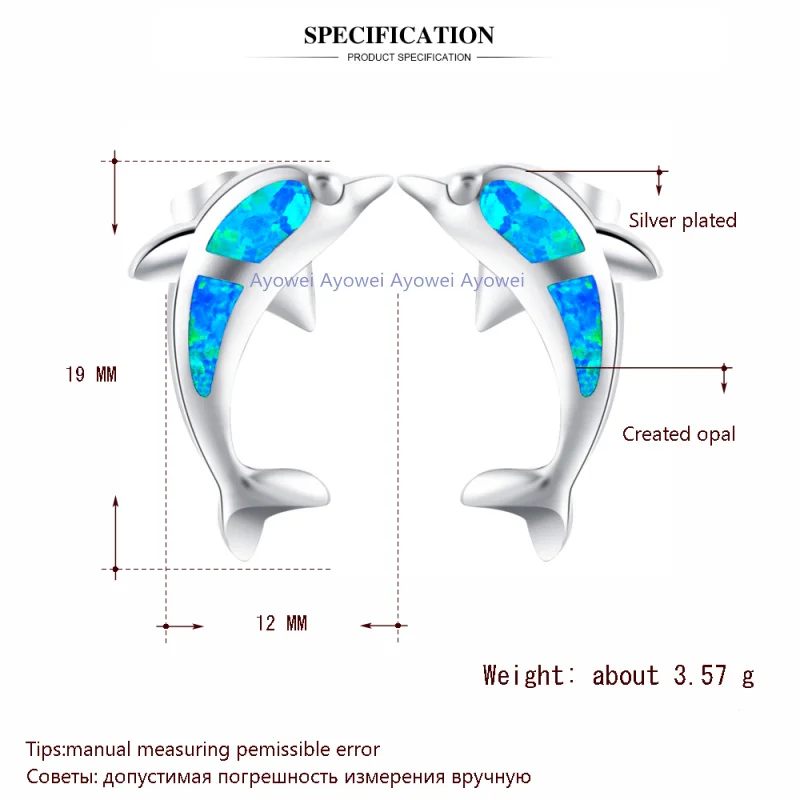 Ayowei дизайн с животным дельфином 925 Серебряные модные ювелирные изделия Синий огненный опал Черная пятница серьги-гвоздики для девочек OE606A