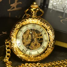 Tiedan steampunk esqueleto relógios de bolso mecânico homem antigo marca luxo mão vento colar bolso & fob relógio corrente ouro