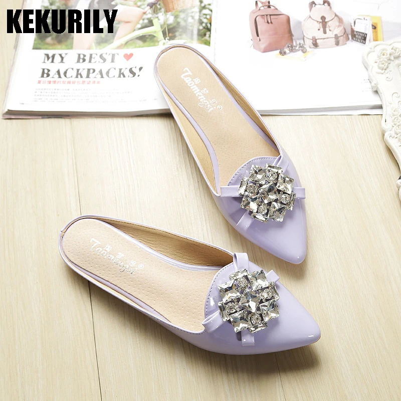 

Shoes Woman Rhinestone Mules Flats Slipper flip flops Bow Pointed toe Slides Sandals loafers Big size Black pink apricot purple