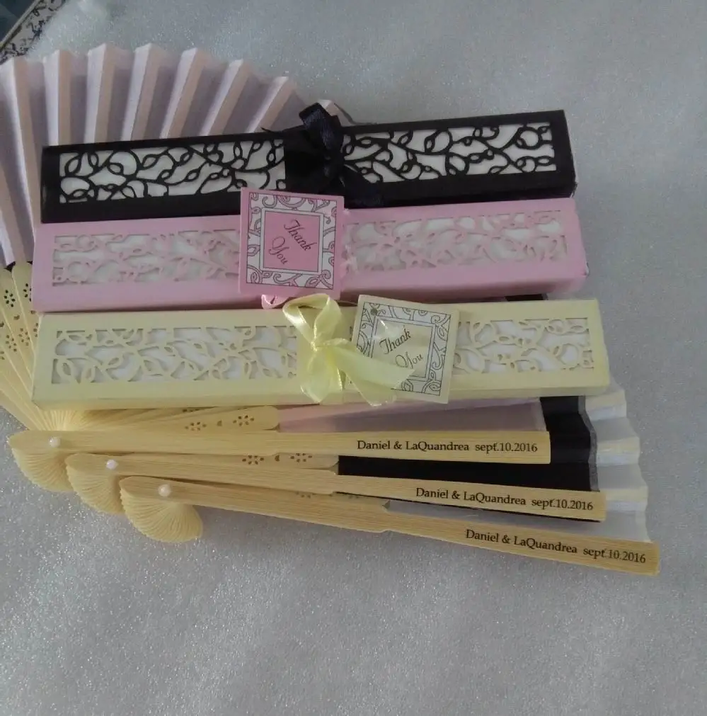 100 шт./лот персонализированный роскошный Шелковый веер в элегантной подарочной