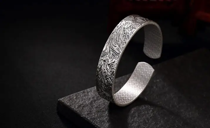 

JOOCHEER Sterling S999 999 silver Bangle Emboss Dragon pattern vintage trendy bracelet size adjustable