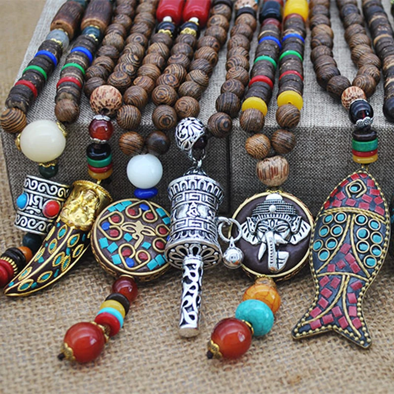 

Handmade Ethnic Necklace Indian Bohemian Nepal Mala Buddhist Wood Beads Tibetan Fish Pendant Long Statement Necklaces Women Men