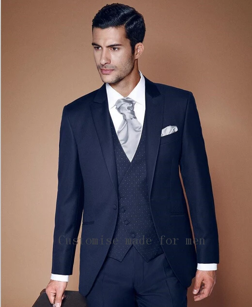 Bule 3 Pieces (Jacket+Pant+Vent+Tie) Peaked Lapel Fashion