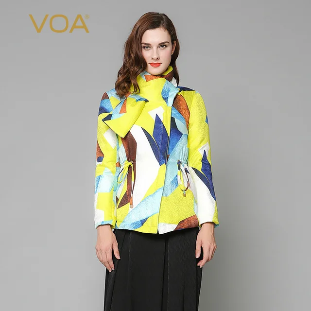 Cheap VOA yellow scarves collar drawstring waist silk coat French elegance Cotton-padded jacket female silk jacquard down M3266