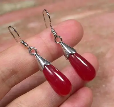 

Free Shipping >> new hot Gold Plate CHINESE Red JADE Earring Earrings Dangle Teardrop