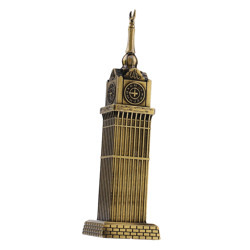 Retro Metal Mecca Tower Statue w/ Clock Building Figurine Model for Home Decor Bars Cafes Restaurants Wedding Party Ornament