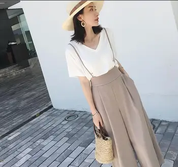 

Hong Kong taste retro loose wild high waist strap wide leg pants two-piece female summer free shipping
