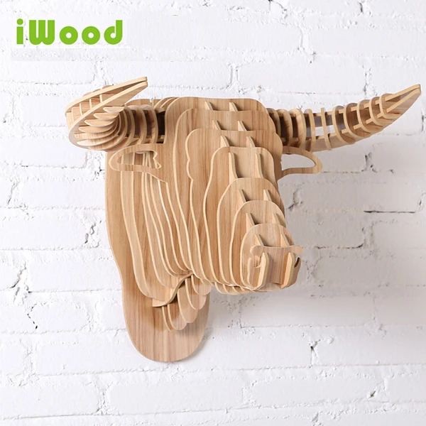 2016 New Nordic Home Wood Crafts Animals Head Wall Hangings Bull Wooden