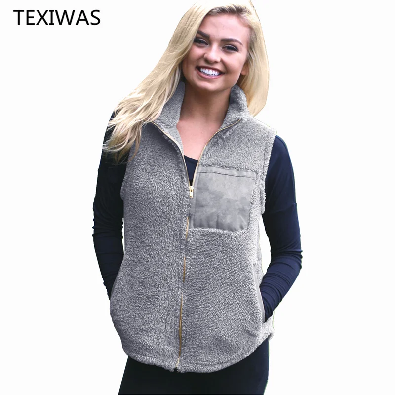 

TEXIWAS 2019 new Warm Plush Vest Coat Top Ladies Gilet Plush Zip Coat Pocket Waistcoat Women Sleeveless fleece Outwear Female