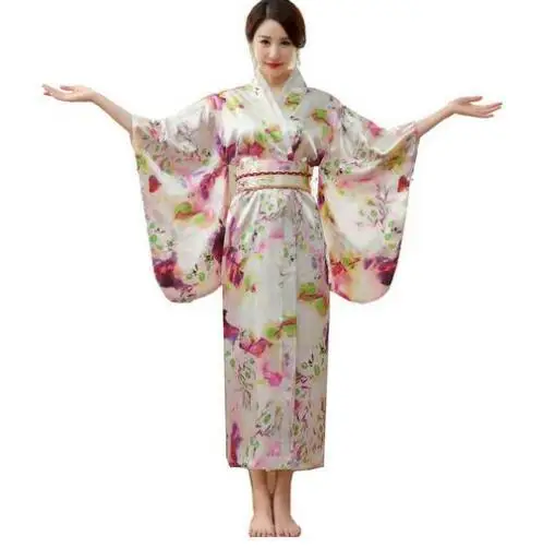 Розовый японский Стиль Для женщин Вечеринка платье традиционный шелк искусственный шелк кимоно юката с Оби Хеллоуин костюм цветок один размер - Цвет: 10