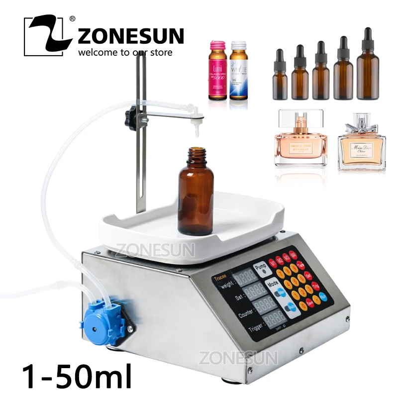 

ZONESUN 0-50ml Small Automatic CNC Liquid Filling Machine 110V-220V Perfume Weighing Filling Machine Oral Liquid Solution Filler