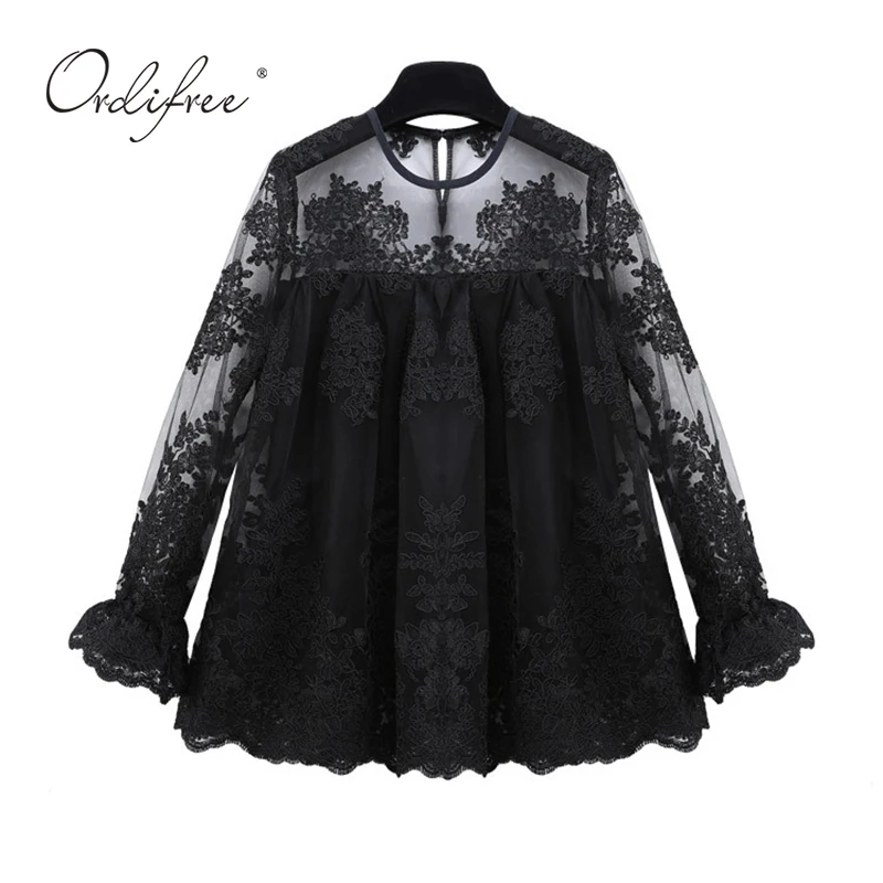 

Ordifree 2018 Summer Black White Lace Blouse Shirt Long Sleeve Cute Crochet Chiffon Sexy Transparent Embroidery Blouse Women Top
