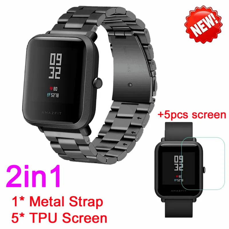 Черный 2в1 металлический браслет из нержавеющей стали для Xiaomi Huami Amazfit Bit ремешок часы Bip трекер Браслет ремень+ 5 шт. защита экрана - Цвет: Черный