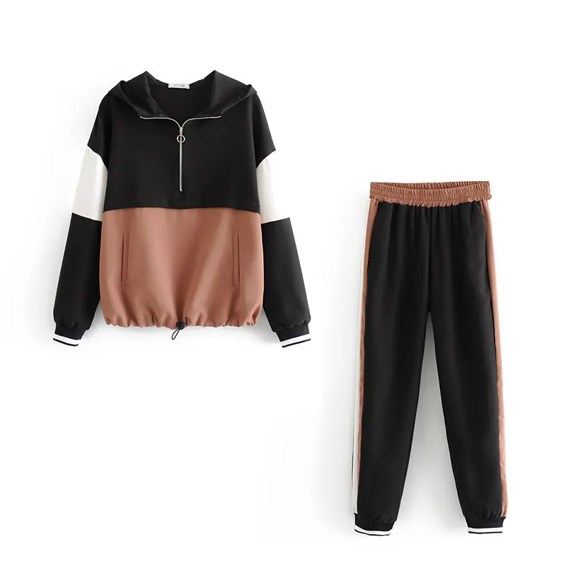 

Colors Block Patchwork 2Pc/Set Outfit Women 2019 Spring Hooded Tops Loose Pants Set Ladies Joggers Set Casual Activewear