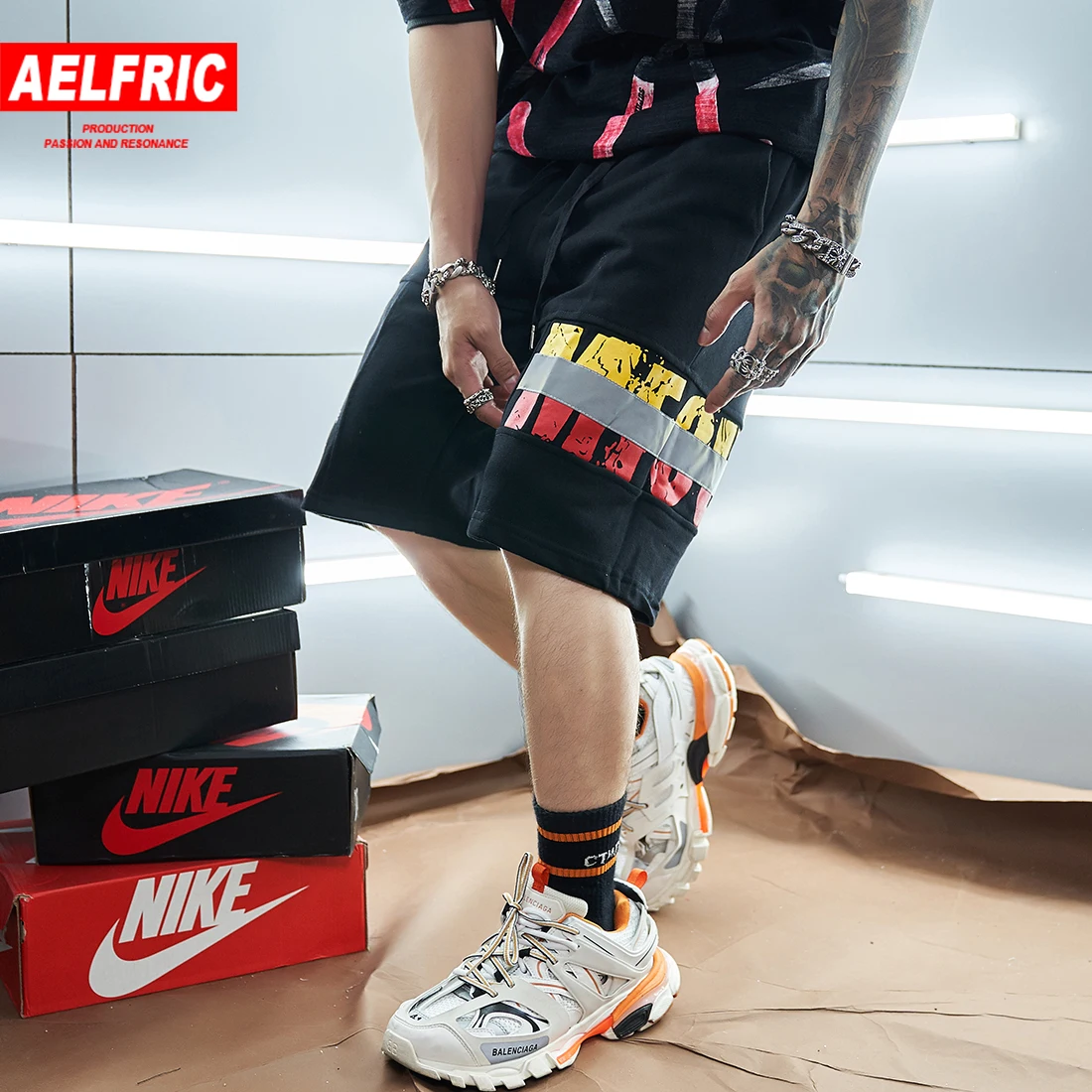 

AELFRIC Color Block Venom Print Men Shorts Cotton Streetwear 2019 Harajuku Breathable Out for Man Casual Short Pants Sweatpants