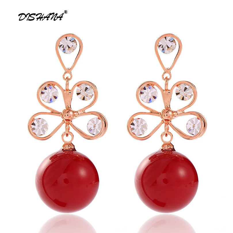 

Women Rose Gloded Plated 14mm Red Simulated Pearl Drop Earrings Fashion Dangle Earing Jewelry E0512