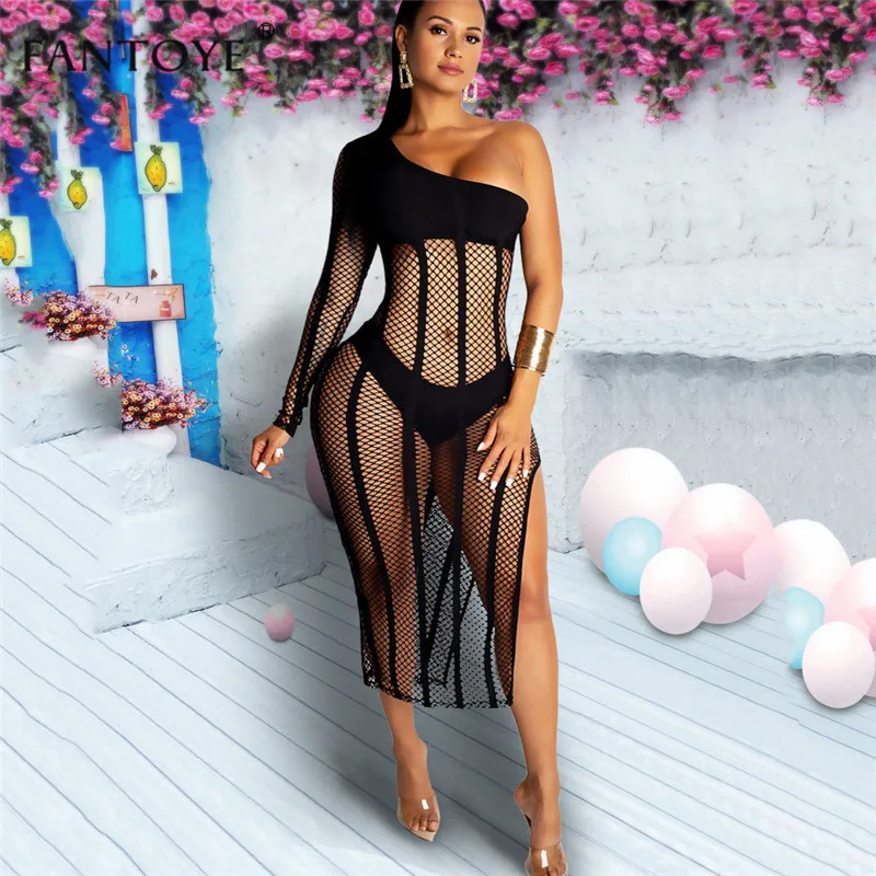 

Fantoye Sexy Lace Patchwork Party Dress Women One shoulder Hollow Out See Through Midi Dress Female High Split Out Club Dresses