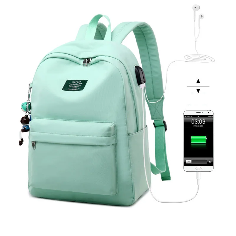 

Solid Color Printing Laptop Backpack for Girls Usb Charging Animal Pendant Children School Bags Female Travel Mochila Bag