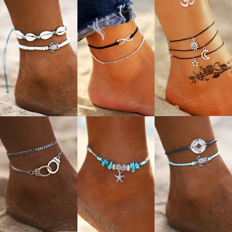 

17KM BOHO Shell Turtle Beads Anklets Bracelet For Women Vintage Multilayer Anklet 2019 Charm Bracelet On Leg Bohemian Jewelry