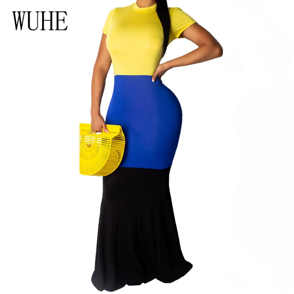 

WUHE Women Summer Bohomian Strappy Long Maxi Dress Sexy O Neck Short Sleeve Bodycon Party Dress Beachwear Sundress Vestido Mujer