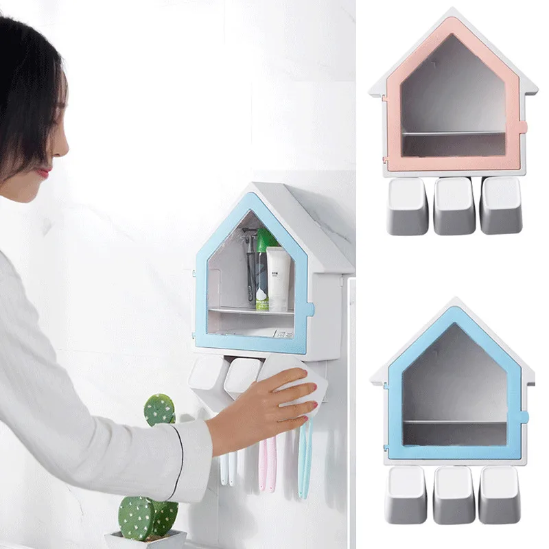 

Handfree Toothbrush Holder Automatic Toothpaste Dispenser Set 6 Holder 3 Cup