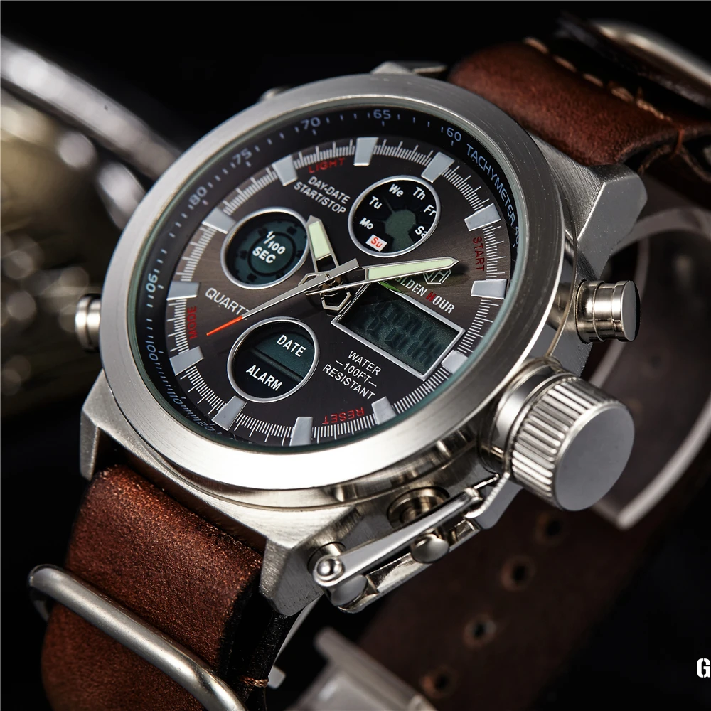 

GOLDENHOUR Top Brand Digital Watch Men's Quartz Digital Sports Watch Leather LED Military Auto Date Waterproof Stopwatch Watches