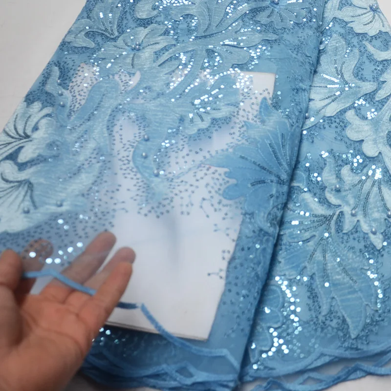 

Free shipping (5yards/pc) high quality skyblue French net lace fabric African velvet lace fabric with sequins for party FLP126