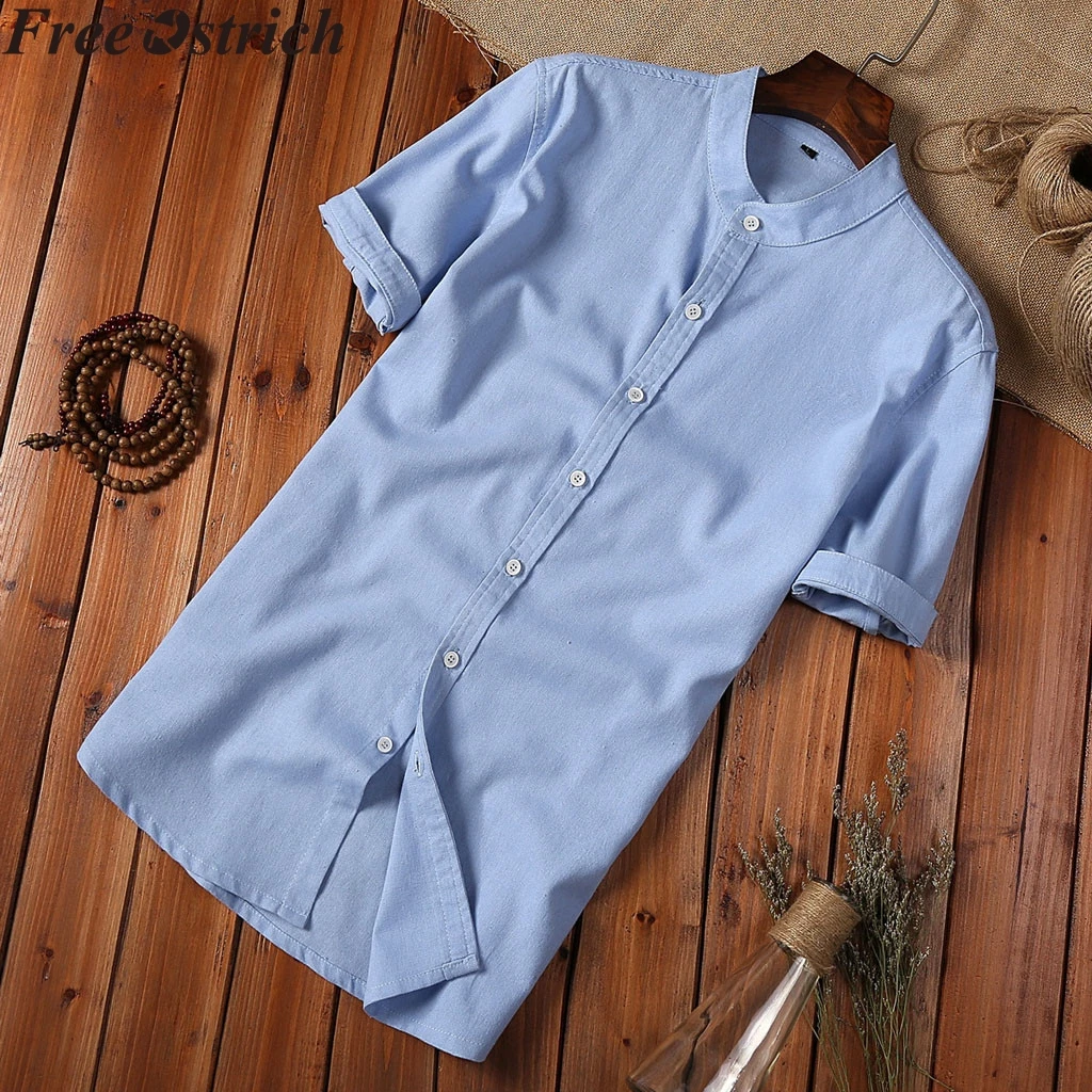 

Summer Men's Slim Shirt Cotton Linen Short Sleeve Casual Solid Color Tops Stand Collar Plus Size Soft Men Fashion White Shirt