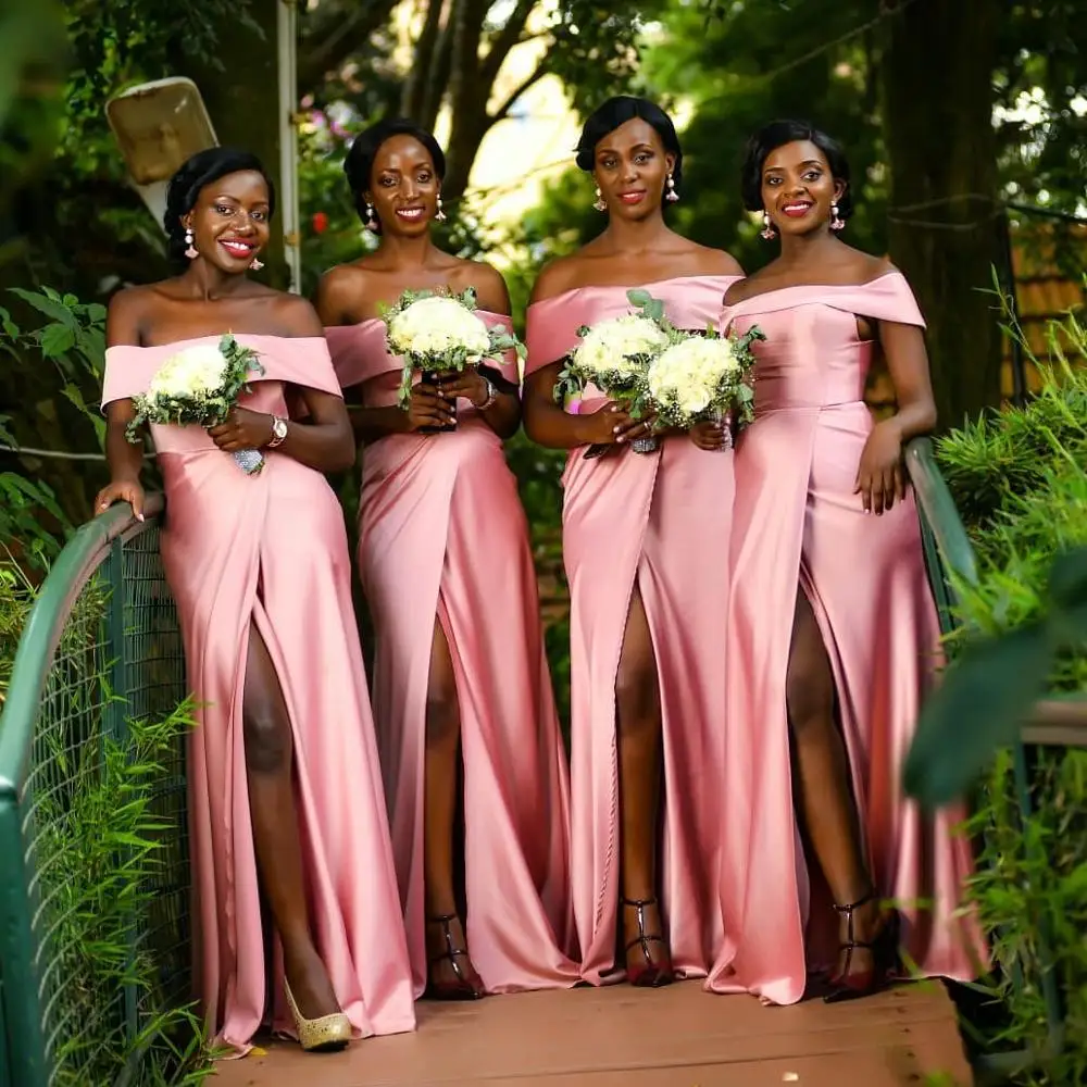 

African Mermaid Pink Long Cheap Bridesmaid Dresses 2019 Off The Shoulder Satin Prom Dresses Wedding Party Dress