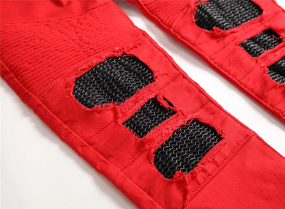 2018 Fashion Dropshipping Men jeans Red High Street Motorcycle Jeans Men Destroyed Ripped Pants Vintage Style Denim Trousers 16