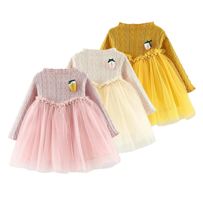 

Spring Children Cute Girl Long Sleeve Princess Dress Kids Patchwork Ruched Tutu Strawberry Dresses Toddler Outfits Clothes New
