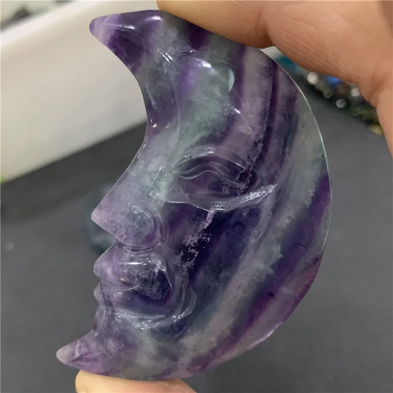 

GJ Crystal Diana 73mm Hand Carved Cute Natural Rainbow Fluorite Quartz Crystal Moon God for Gifts