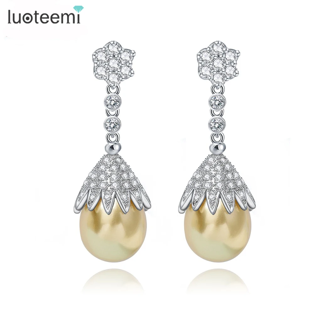 LUOTEEMI Vintage Jewelry Big Grey Yellow White Imitation Pearl Drop Earrings Statement Tiny CZ Crystals Flower Brincos For Party|earrings