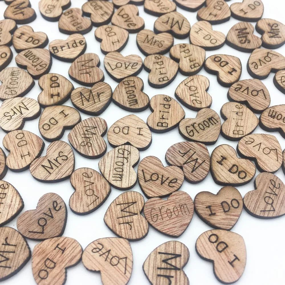 

100pcs Rustic 15mm Hearts Shaped Mr Mrs Love Wood Slices Confetti Crafts for Wedding Party Ornaments Table Scatter Decorations