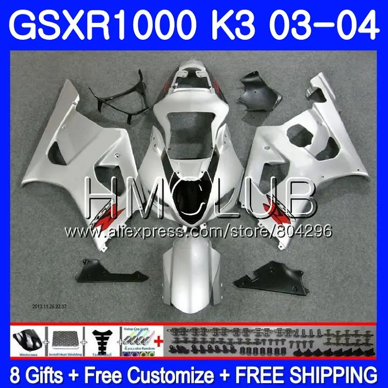 Body For SUZUKI GSXR-1000 GSXR1000 03 04 Bodywork 32HM.14 GSX-R1000 GSX R1000 03 04 K3 GSXR 1000 2003 2004 Fairing ALL Silvery - Цвет: No. 1 no tank cover