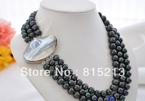 FREE SHIPPING>>> AA+ 3row 9-10mm peacock black round FW pearl necklace mabe clasp FREE SHIPPING>>> AA+ 3row 9-10mm peacock black round FW pearl necklace mabe clasp