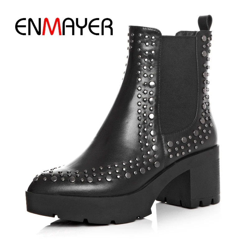 

ENMAYER Basic Round Toe Slip-On Ankle Genuine Leather Snow Boots Boots Women Botas Mujer Invierno Size 34-40 ZYL1840