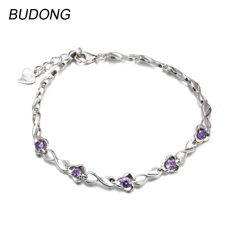

BUDONG Genuine 925 Sterling Bracelet for Women Natural Purple Amethyst Stone Extendable Chain Bracelets Engagement Fine Jewelry