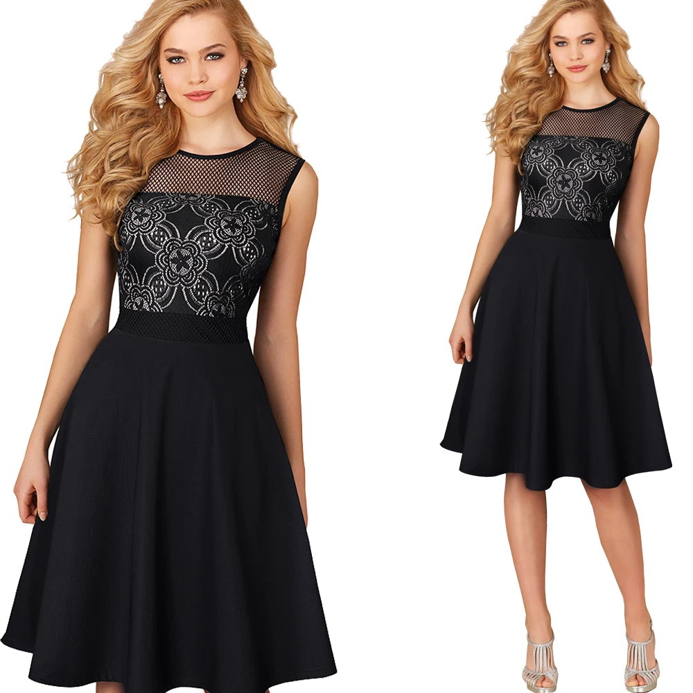 Vintage Elegant Floral Lace Zipper Mesh Net O-Neck vestidos Sleeveless ...