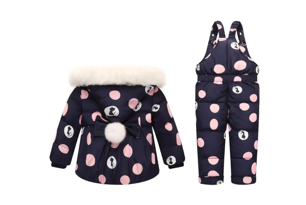 Big Polka Dot White Duck Down Winter Overalls For Girls Down Jacket and Pants Baby Snowsuit Newborn Infant Winter Clothing Set