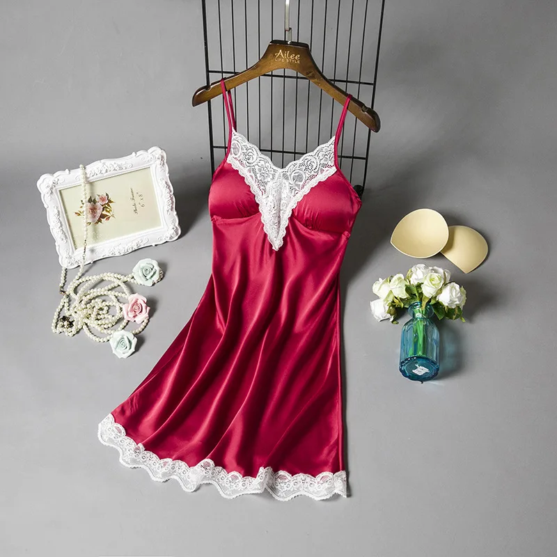 Женская сексуальная ночная рубашка, атласная Элегантная ночная сорочка, кружевная ночная одежда, ночная рубашка, пижама, ночная одежда, нижнее белье - Цвет: Красный