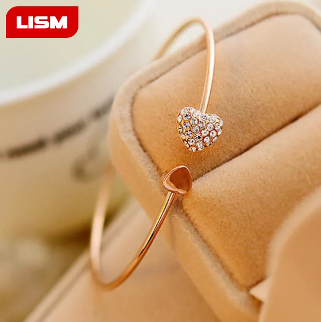 

2018 Hot New Fashion Adjustable Crystal Double Heart Bilezik Cuff Opening Bracelet Women Jewelry Gift Mujer Pulseras