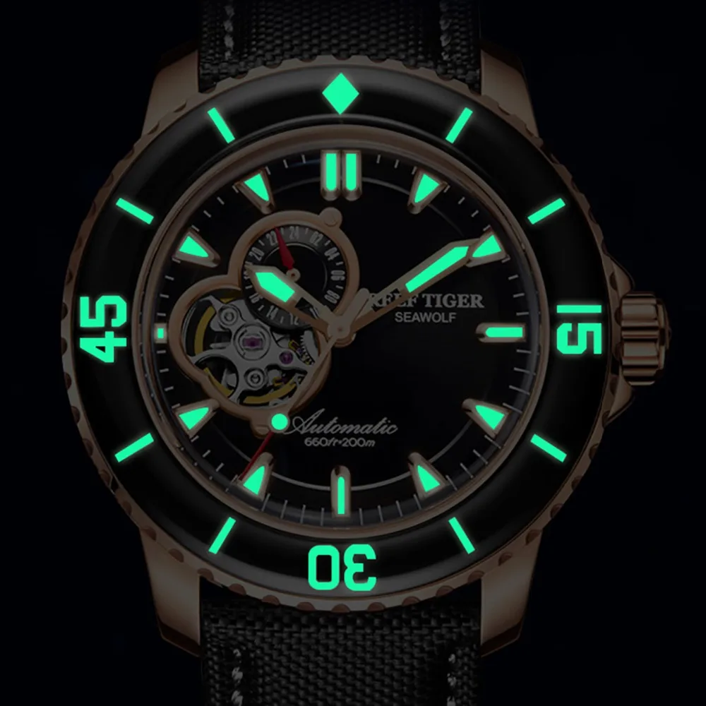 Reef Tiger/RT спортивные автоматические часы для мужчин цвета розового золота супер светящиеся часы для дайвинга 200 м RGA3039