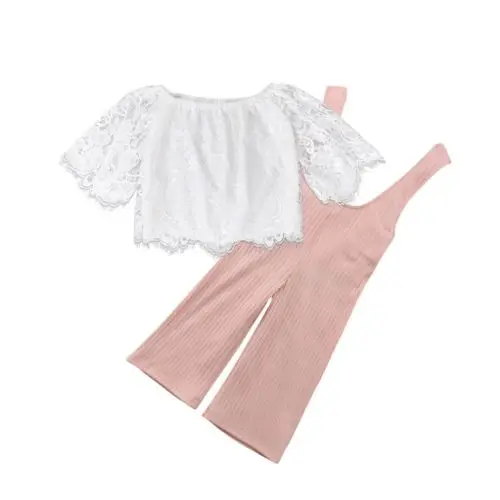 

Toddler Baby Girls Off Shoulder Long Sleeve Lace Tops Stripe Romper Jumpsuit Overall Outfits Clothes 2Pcs Girls 2-7Y