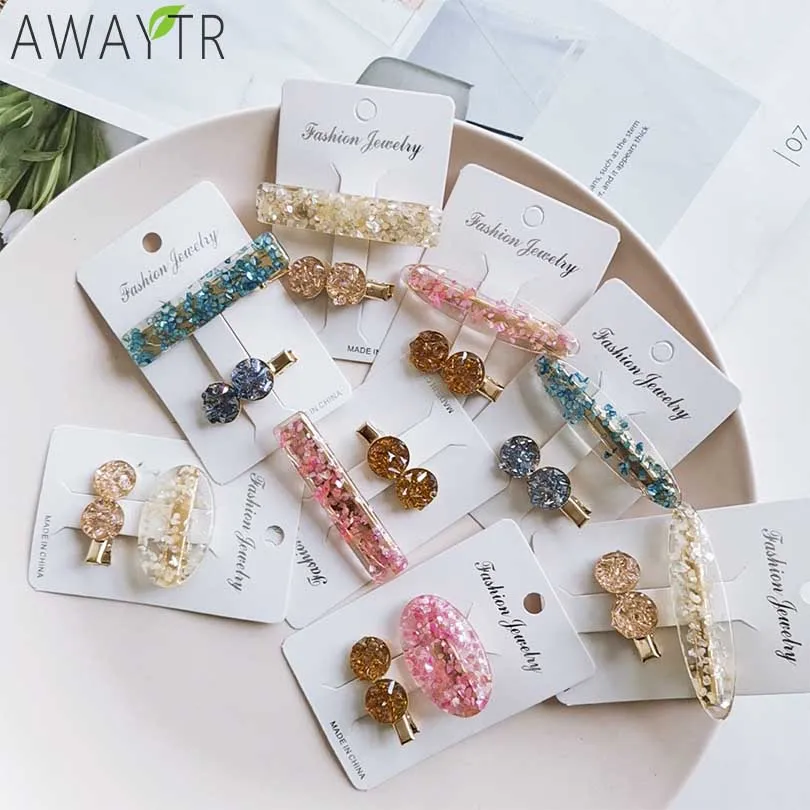 

AWAYTR Barrettes Korea Acetic Acid Shell Hairpins Geometric Round Crystal Beads Hair Clips Hairgrips Sequin Hair Accessories