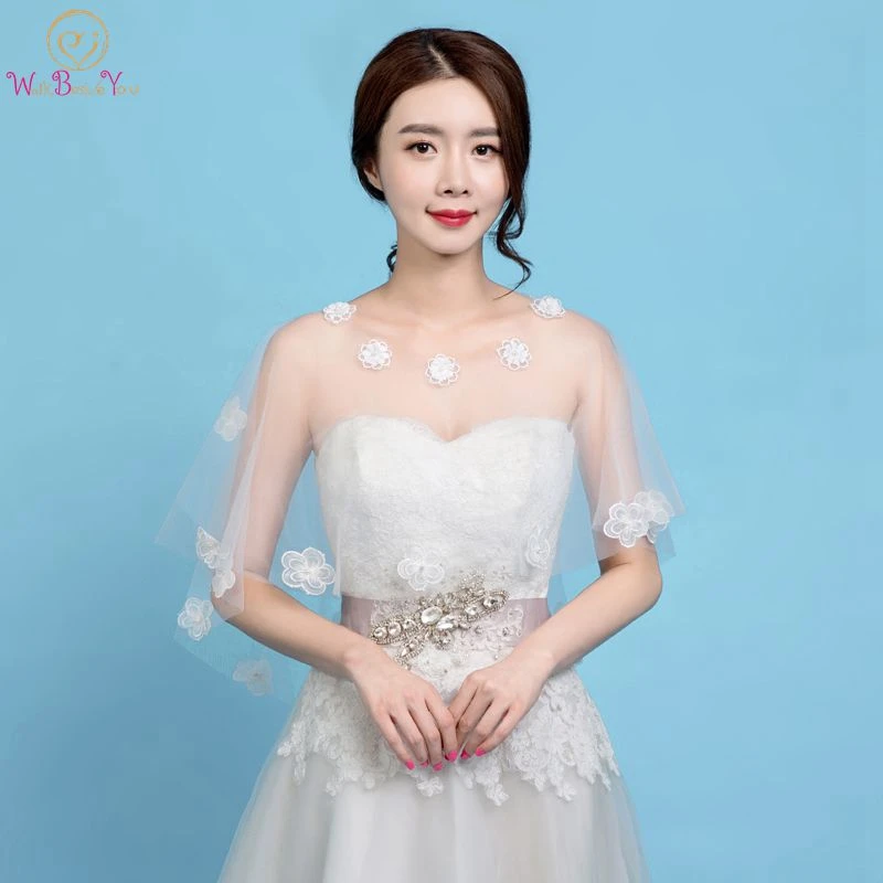 

Stock Beige Women Tulle Flower Elegant Bridal Wraps Wedding Accessories Evening Capes