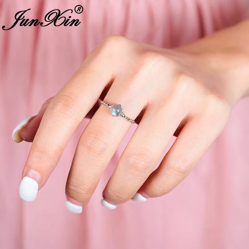 JUNXIN Mystic Moonstone Rings For Women 925 Sterling Silver Round Crystal Open Thin Wedding Ring Female Adjustable Ring Jewelry