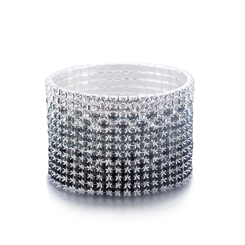 12 Rows Crystal Stretch Bangles Bracelet for Women Black Gray and Clear Crystal Silver Plated Wedding Bracelet Bride Bangle (4)
